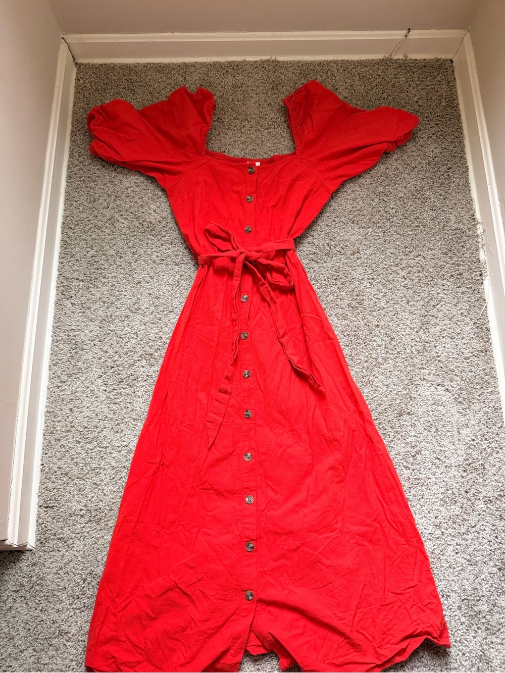 H&M Red Button-Front Tie-Waist Midi Dress